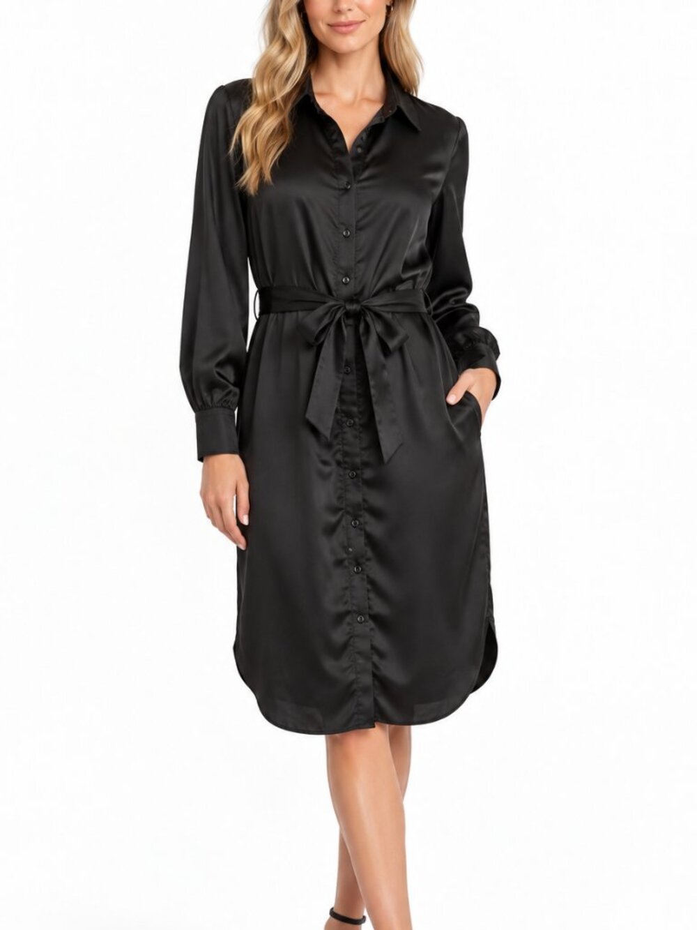 Rachel Zoe Black Satin Belted Shirt Dress Tie Front Medium